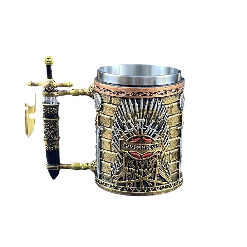 Jarra de bronce de imitación, jarra de resina de acero inoxidable, Escudo de espada de ala Retro Medieval, cuero Reaper, cerveza, 600ml
