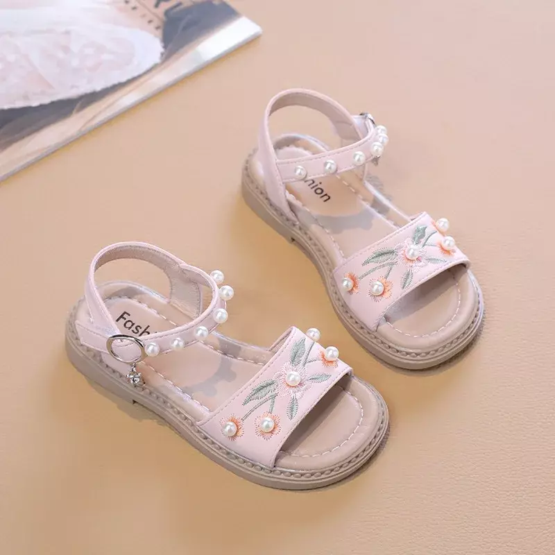 Sandal anak untuk anak perempuan, sandal datar serbaguna modis mutiara elegan bordir manis putri musim panas