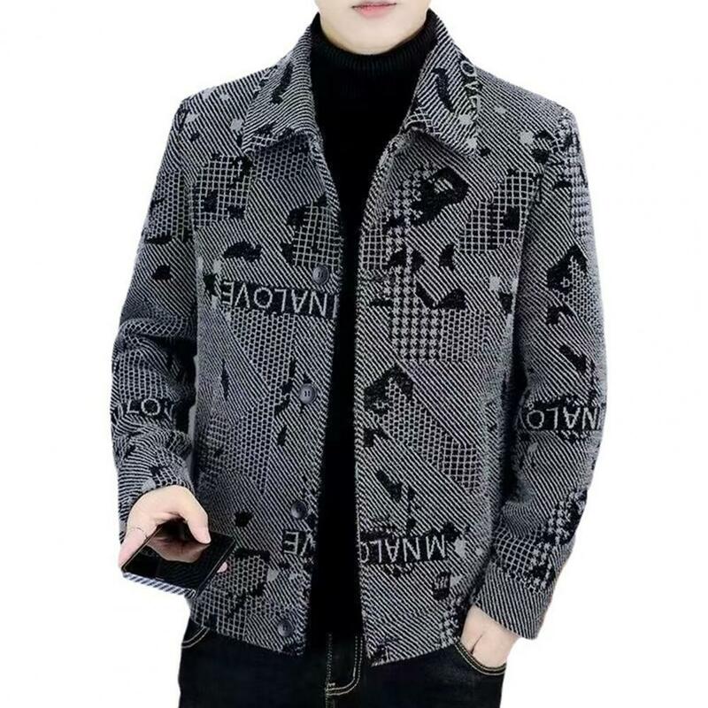 Men Outerwear Thick Warm Lapel Men's Fall Winter Coat Single-breasted Windproof Buttons Mid Length Casual Jacket Skin-friendly