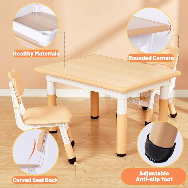 and 2 Chairs Set for Ages 3-8, Height Adjustable Toddler Table and Chair Set, Easy to Wipe Arts & Crafts Table, for