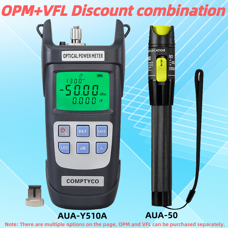 Compteur de puissance optique AUA-Y510A (OPM -50 ~ + 26dBm) et localisateur visuel de défauts (50/1/10/20/30mw VFL) Kit d'outils de test de fibre FTTH (en option)