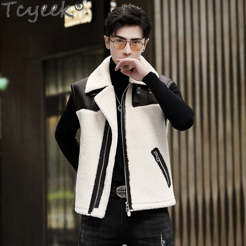 Tcyeek-colete de pele natural masculino, jaqueta de couro genuíno, moda sem mangas, casacos de pele de carneiro reais, roupas masculinas, inverno