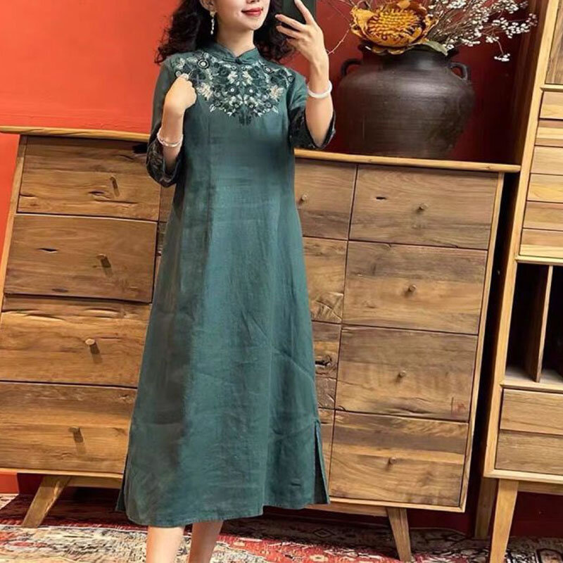 Gaun katun dan Linen wanita kerah berdiri kancing Pan bordir elegan Vintage ramping gaya Cina setengah lengan musim panas