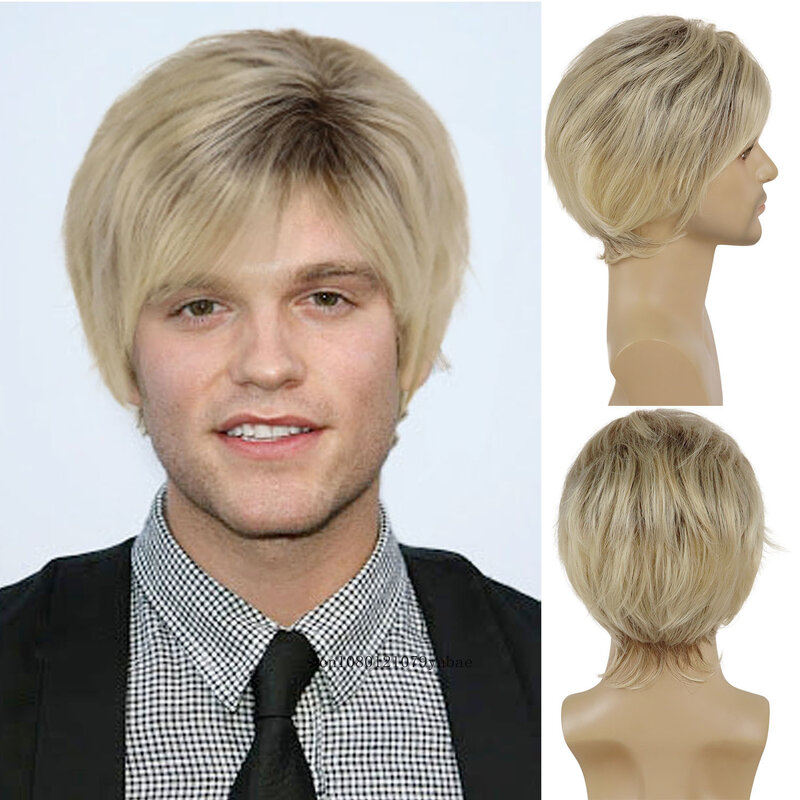 Mens Natural Synthetic Hair Blonde Wigs Short Layered Wig with Bang for Male Handsome Heat Resistant Cosplay Daily Costume Party