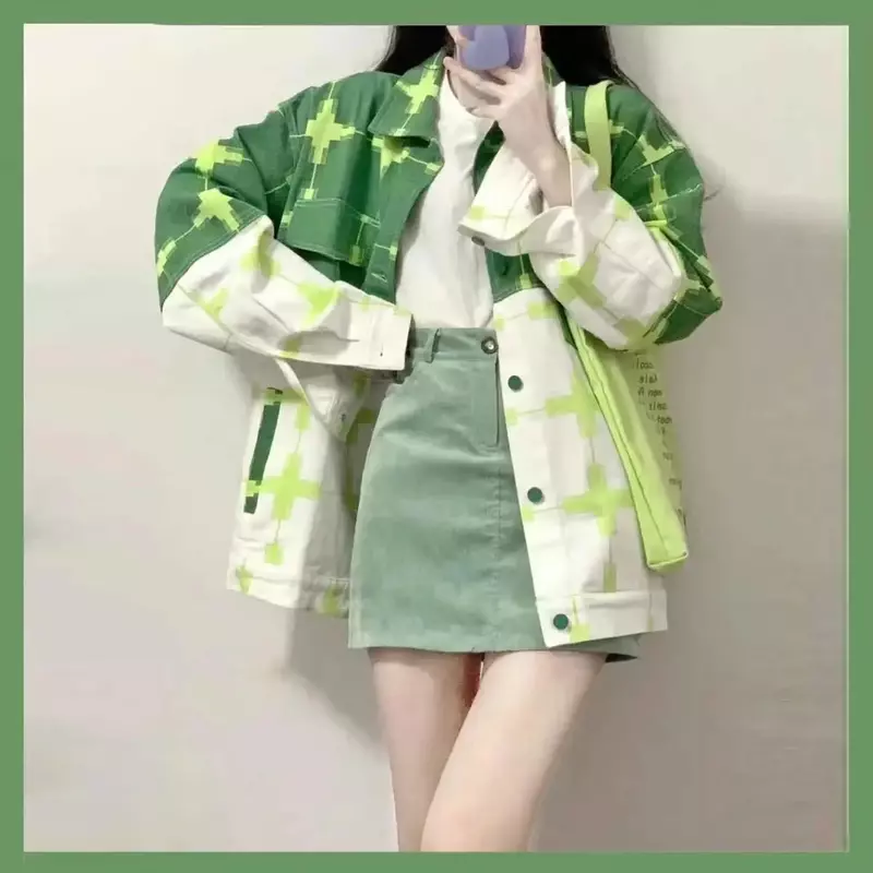 Корейская версия, пальто в клетку с цветным блокировкой, Женская Осенняя куртка-поло с воротником в стиле ретро, Студенческая куртка, Топ