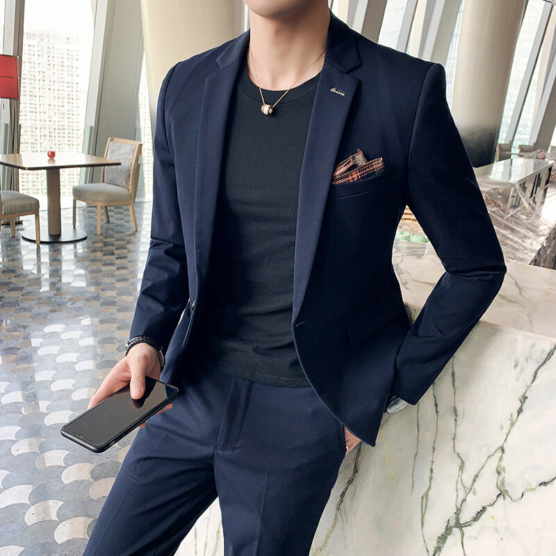 (Giacca + pantaloni) moda uomo colore puro per il tempo libero abiti grigio blu nero Slim Fit uomo Business banchetto vestito Set Plus Size 6XL 7XL