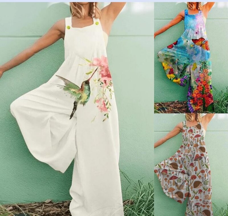 Women's Printed Cotton High Waisted Fashion Suspender Jumpsuit Summer Casual Elegant Loose Sleeveless Bohemia Wide Leg Pants
