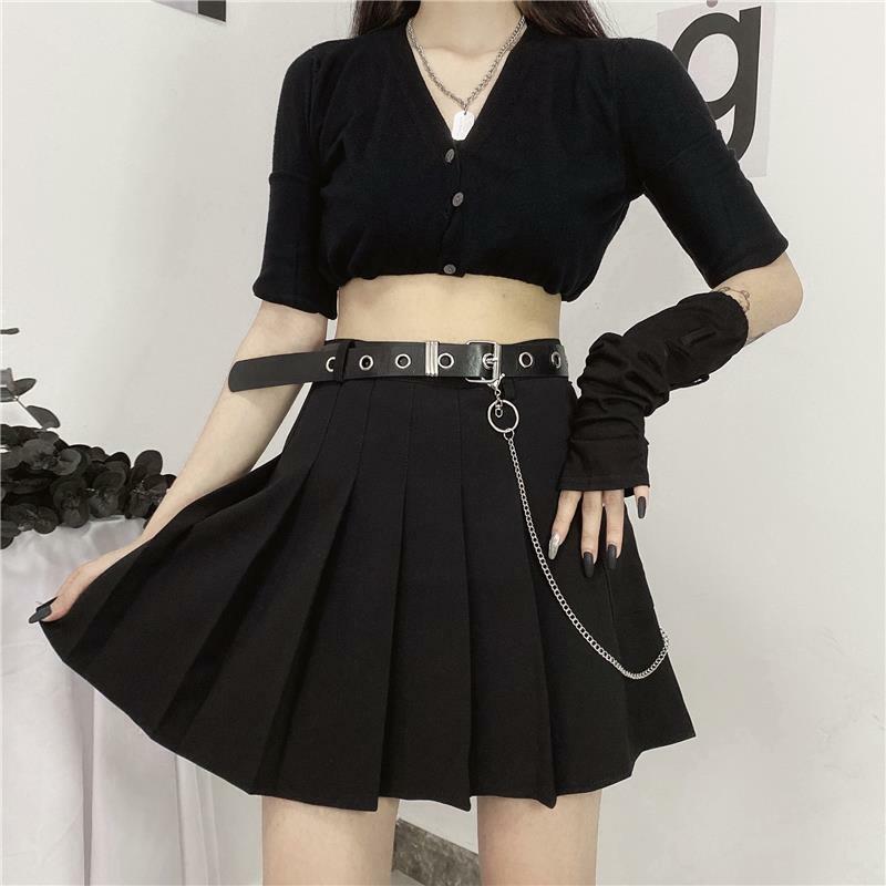 Mini-saia feminina linha A de cintura alta plissada, estilo Harajuku workwear, bolso com correntes, shorts da moda verão, novo