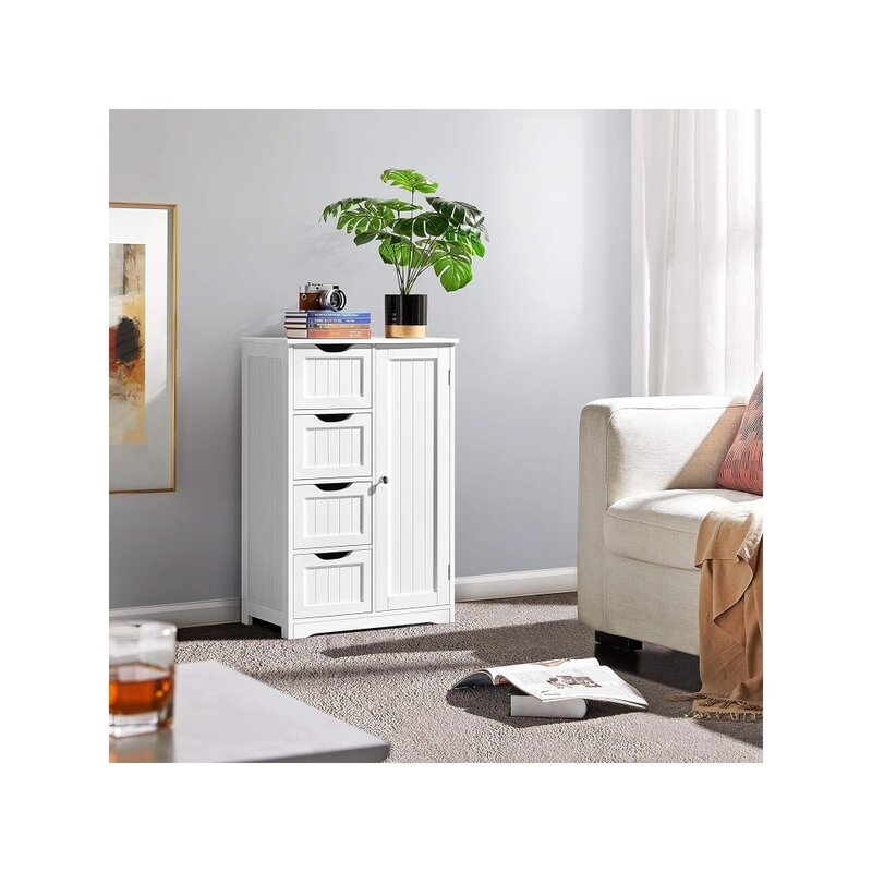 Wooden Floor Cabinet, Side Storage Organizer with 4 Drawers and 1 Cupboard, Freestanding Entryway Storage Unit Console Table