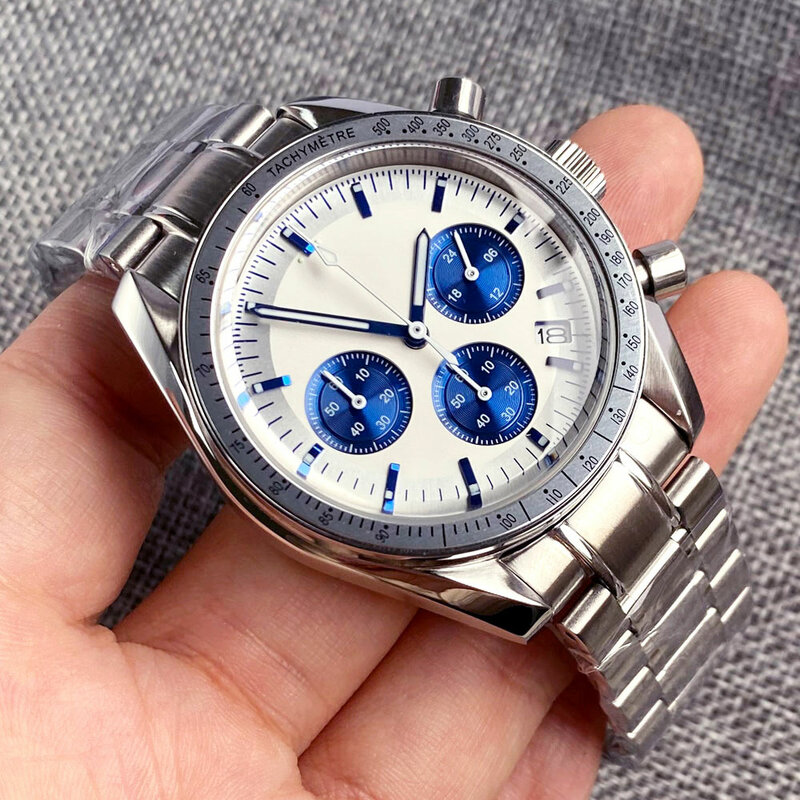 Nologo jam tangan kronograf pria, arloji bisnis Stainless Steel Jepang VK63 Klasik 24 jam
