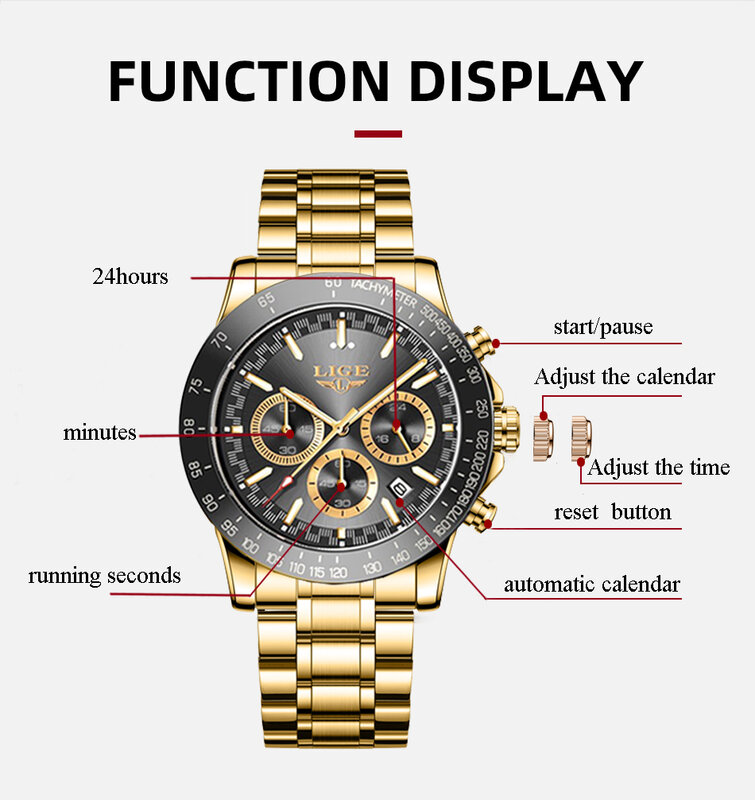 LIGE Gold Men Watch ze stali nierdzewnej Quailty luksusowe biznesowe zegarki kwarcowe wodoodporne świecące sportowe zegarki na rękę tygodnia