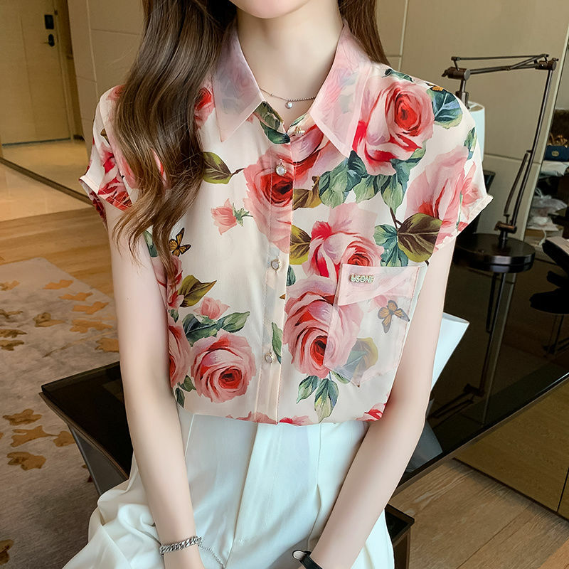 Винтажные шифоновые рубашки с отворотами и цветочным принтом, женская одежда, новинка 2024 года, летние свободные корейские топы, офисные женские блузки