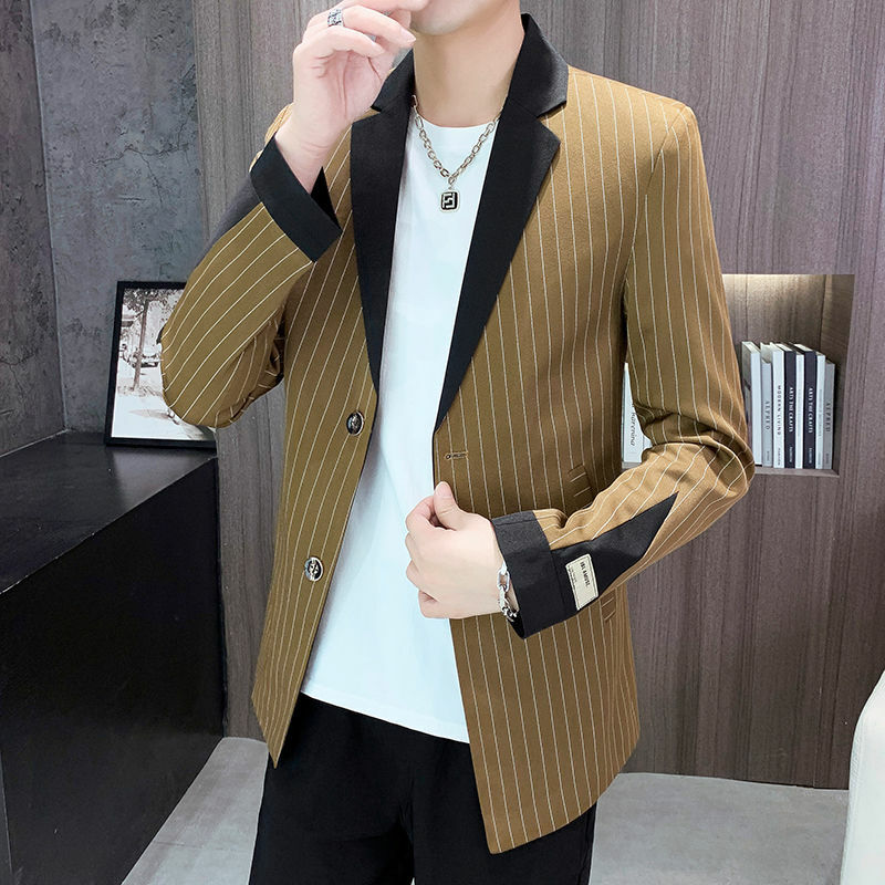 Blusão de comprimento médio masculino terno único, casaco Personali combinando cores, top fino, terno listrado pequeno, primavera, 2-31