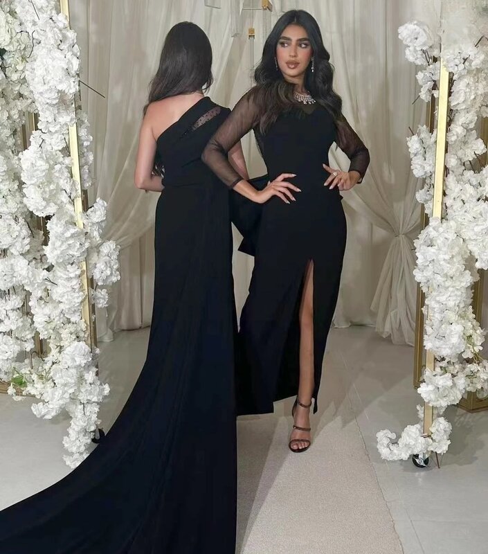 Black Elegant Prom Dresses O Neck Front Slit Tulle Long Sleeves Evening Dress Beads Illusion Bow Formal Occasion Party Gowns