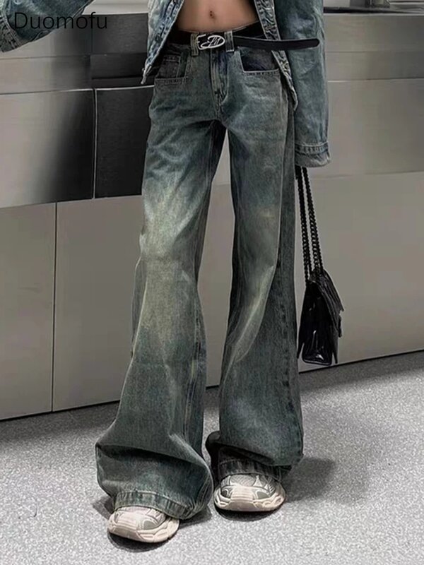 Duomofu-Calças retas e largas para mulheres, jeans solto e casual, botão de zíper simples, jeans básico feminino, azul vintage, moda sexy, novo, outono