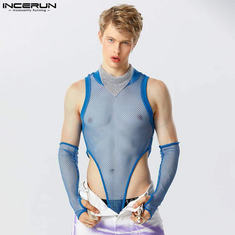 Incerun Sexy Homewear Jumpsuits Heren Doorzichtige Mesh Vingerhoed Bodysuits Modieuze Mannelijke Holle Dunne Mouwloze Jumpsuits S-5XL