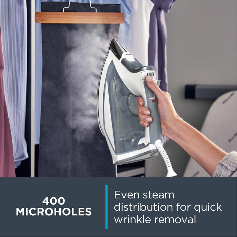 Focus Stainless Steel Soleplate Steam Iron for Clothes Standard 400 Microsteam Holes, Powerful steam blast, Leakproof