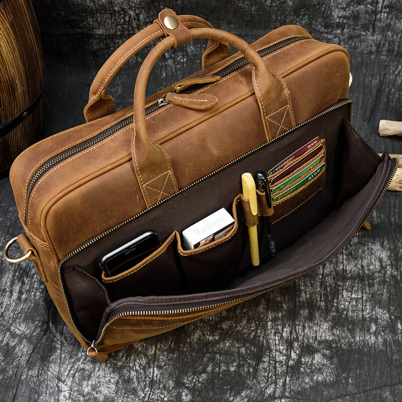 Men Business Briefcase Crazy Horse Genuine Leather Shoulder Portfolio Laptop Bag Fashion Document Bag Cow Leather Office Handbag