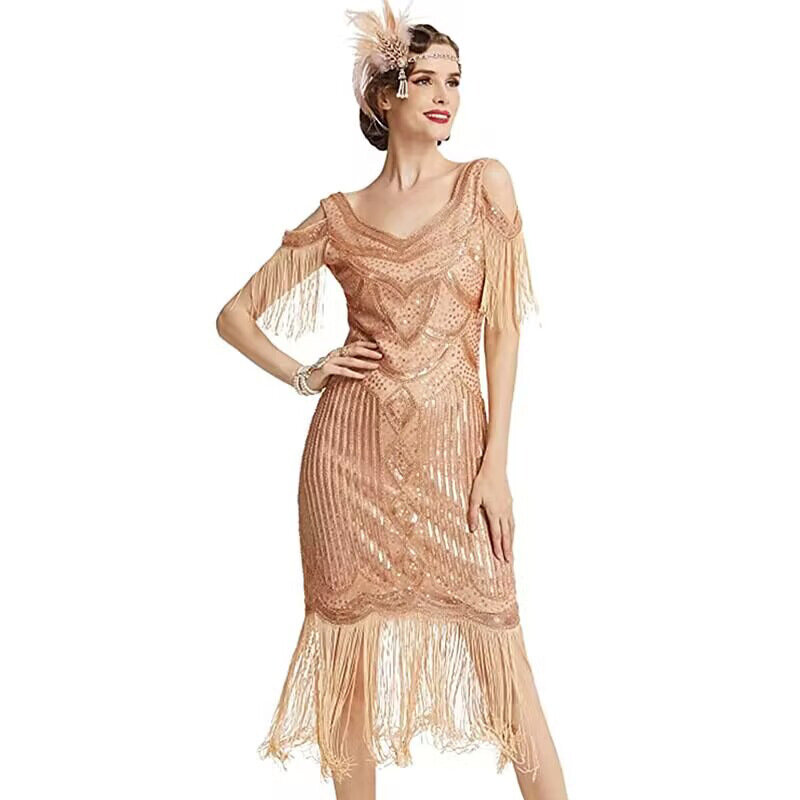 2023 New Women's Vintage Gatsby Evening Dress 1920 Theme Party Sequined Tassel Dress Sexy