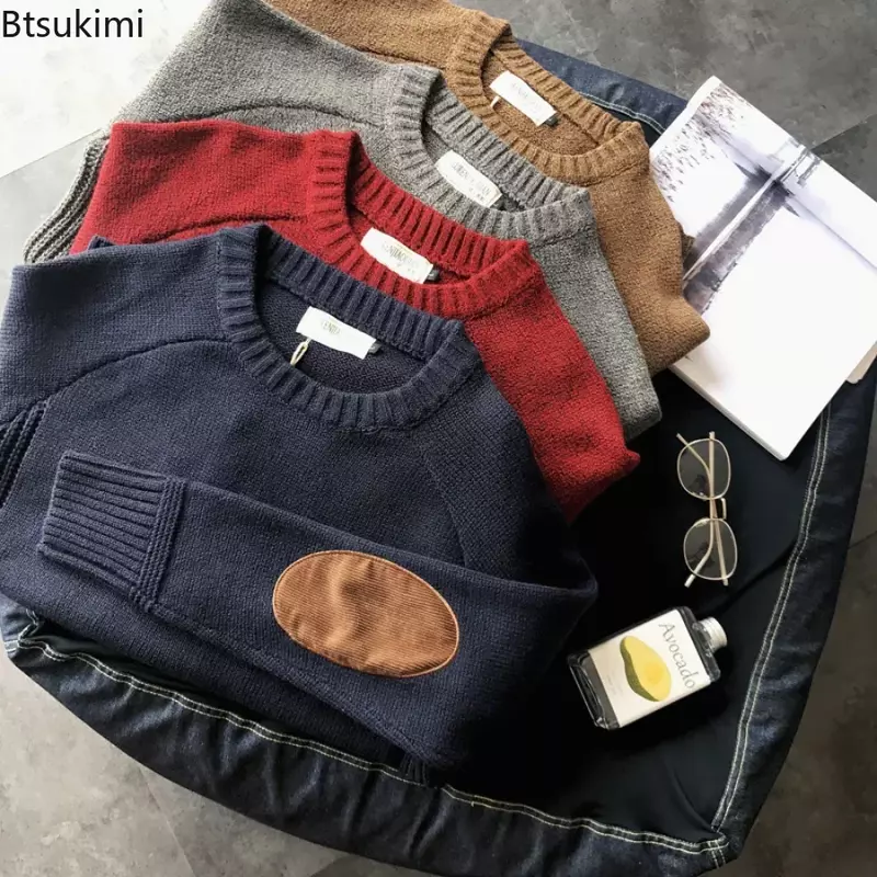 Suéter de punto para hombre, Jersey cálido con diseño de parches, ropa de calle Harajuku, cuello redondo, informal, 2024