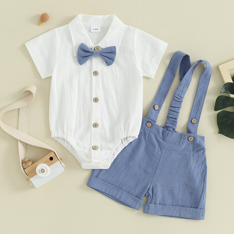 VISgogo-traje de caballero para niño pequeño, Pelele de manga corta de Color sólido con pajarita y pantalones cortos, conjunto para ropa Formal