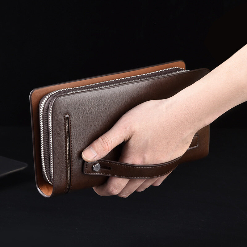 男性の日のための二重ジッパー,新しいデザイン,ビジネス財布,大容量のハンドバッグ,黒と茶色