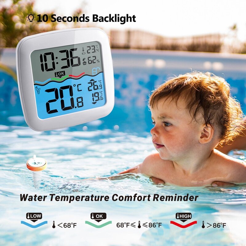 Termómetro de piscina flotante inalámbrico, fácil lectura, termómetros digitales para piscina, bañera, pecera, fácil instalación