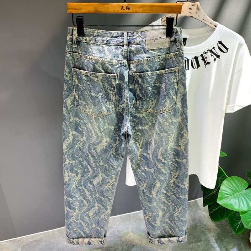 Jeans Jacquard completo estampado para homens, calças soltas e retas, perna larga personalizada, na moda da rua alta