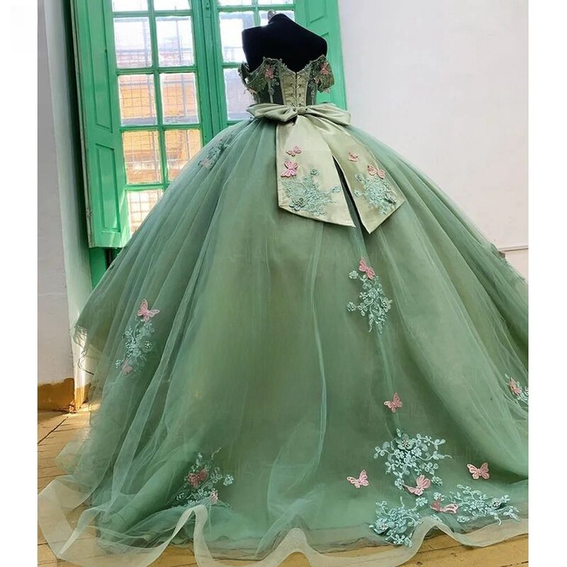 민트 그린 프린세스 퀸 시네라 드레스, 오프숄더 아플리케 볼 가운, 달콤한 16 드레스, 멕시코 15 개