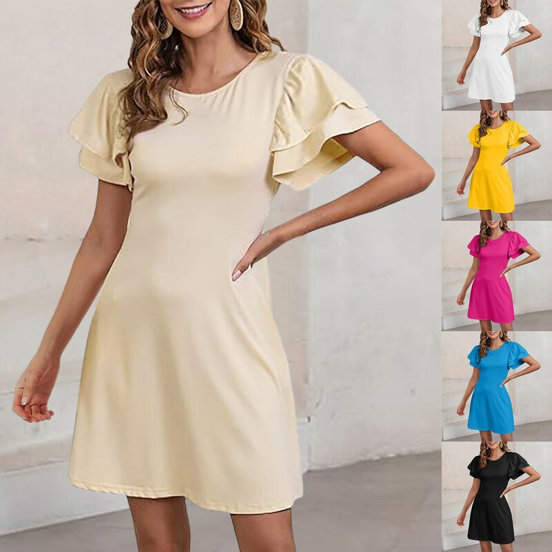 Sommer elegante Sommerkleid Frauen Mode einfarbig Kurzarm lose Kleid Damen Büro schlanke Party kleid weibliche Vestidos Robe