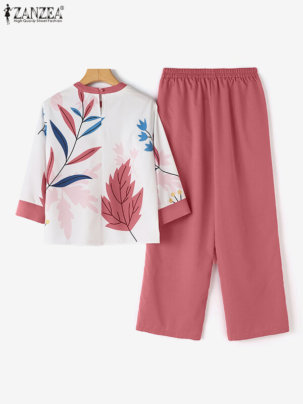 ZANZEA Vintage OL Work Pant Sets Summer 2PCS Fashion Short Sleeve Printed Blouse Trousers Suits Women Tracksuit Matching Sets