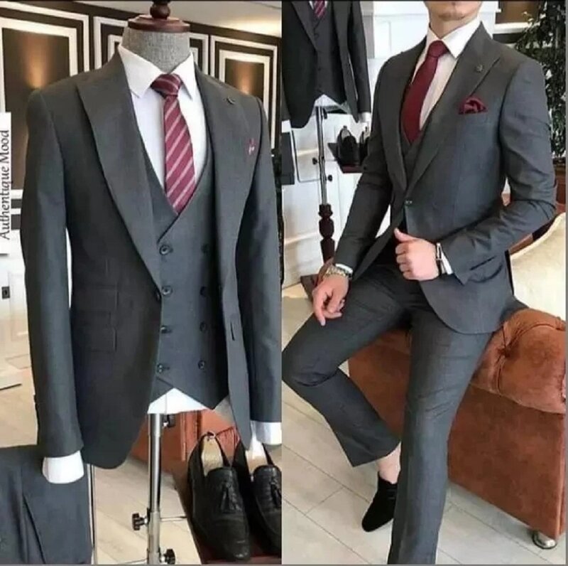 Grey Slim Fit Herenpakken 3 Stuks Smoking Bruidegom Bruiloft Mannen Pak Smoking Terno Masculino De Pour Hommes Blazer (Jas Broek + Vest)