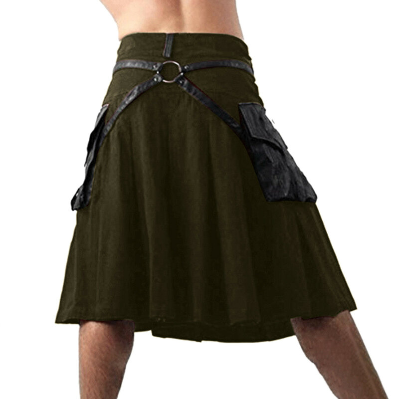 Moda masculina casual estilo escocês sólido bolso decorar saia plissada