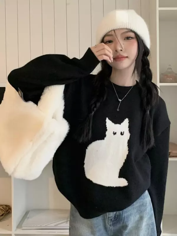Японский милый мультяшный Кот вязаный джемпер женский теплый свитер женский свободный винтажный вязаный модный топ кавайные девочки ins Зимний новый
