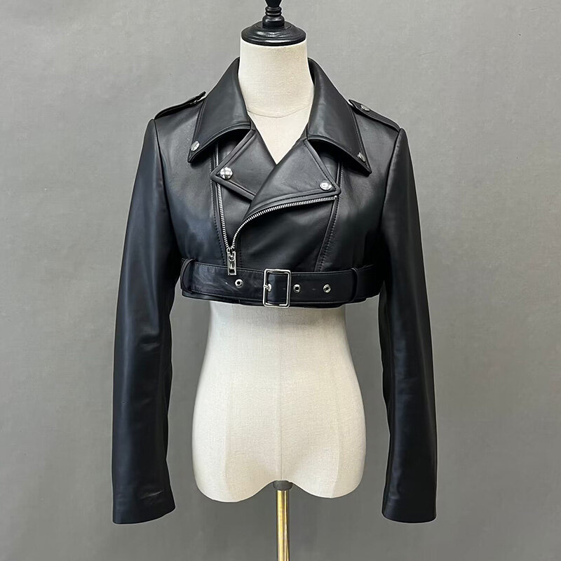 Spring Autumn New Leather Jacket Lady Fashion Moto Crop Jacket Y2K Women Short Coat Genuine Sheepskin FG5539