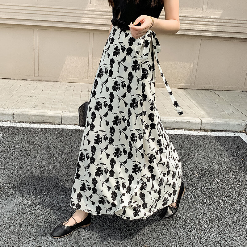 Wrap One-Piece Skirts Women Floral Printed Chiffon Skirts Spring Summer with Liner Holiday Long Skirts High Waist Saias Mujer