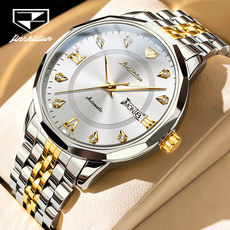 JSDUN-Relógio Mecânico com Dial Redondo, pulseira de aço inoxidável, Week Display, Calendário, Luminoso, Fashion Gift, 8948
