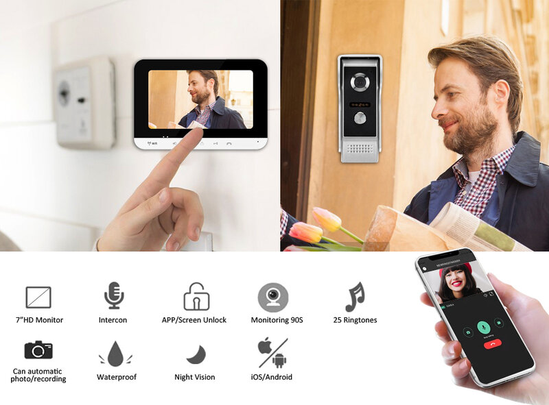 Intercomunicador de vídeo Wifi para el hogar, Monitor de 7 pulgadas, visión nocturna IR, grabación automática, timbre, intercomunicadores de Casa inteligentes para apartamento