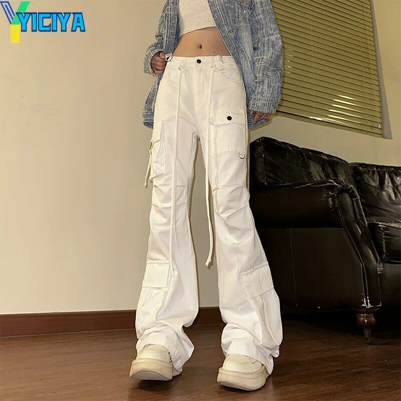 YICIYA-Calças largas femininas de comprimento total, calças lare estilo Y2K, calças com corte de botas, calças de rua alta, roupas casuais, roupas novas, branco, anos 90