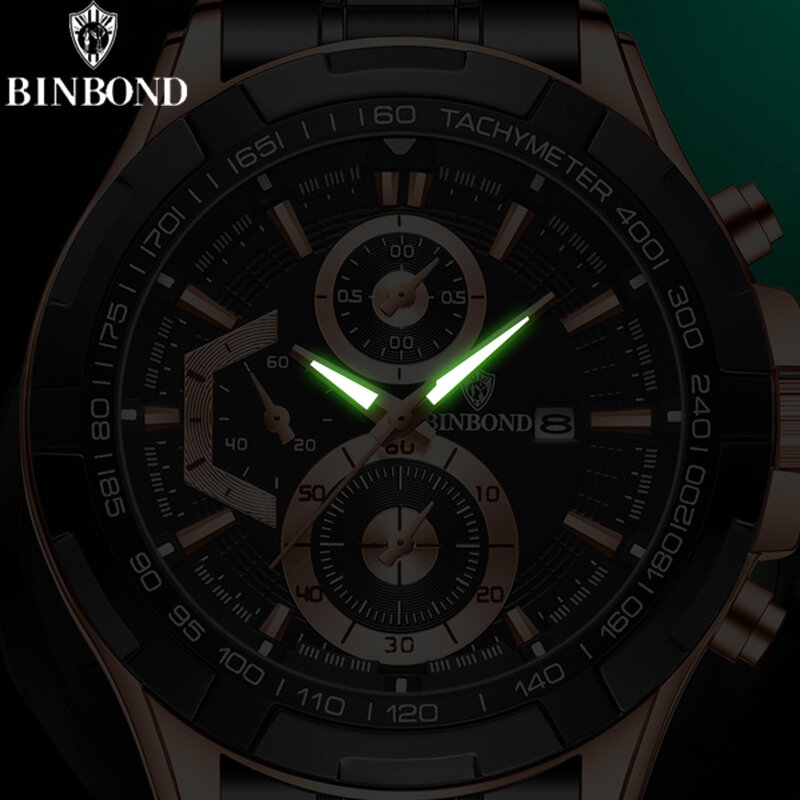 BINBOND B1033 Business Men's Multifunctional Sports Watch Trendy Quartz Watch Luminous Waterproof Steel Strap Men's Wristwatch