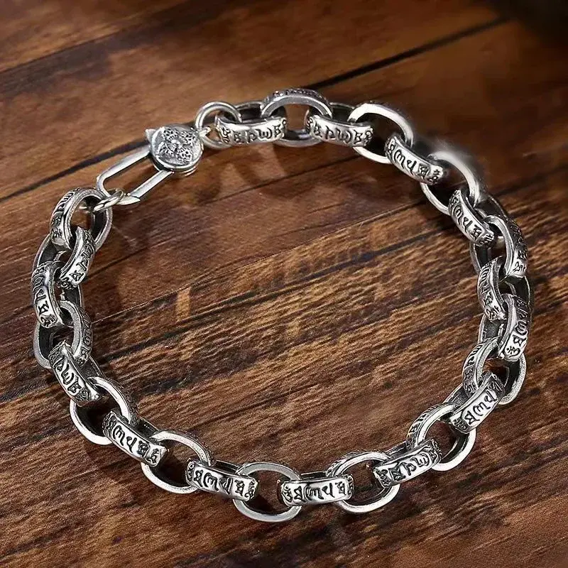 Браслет из серебра 925 пробы для мужчин и женщин, Простые Модные браслеты-цепочки с шестью символами в стиле хип-хоп и панк, 8 мм, роскошный подарок