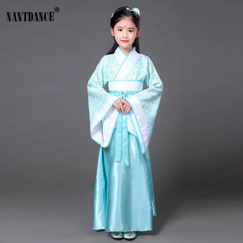 Kostum dansa tradisional Cina untuk anak perempuan gaun tari rakyat Tang kuno Dinasti Han Ming Hanfu pakaian tari rakyat anak