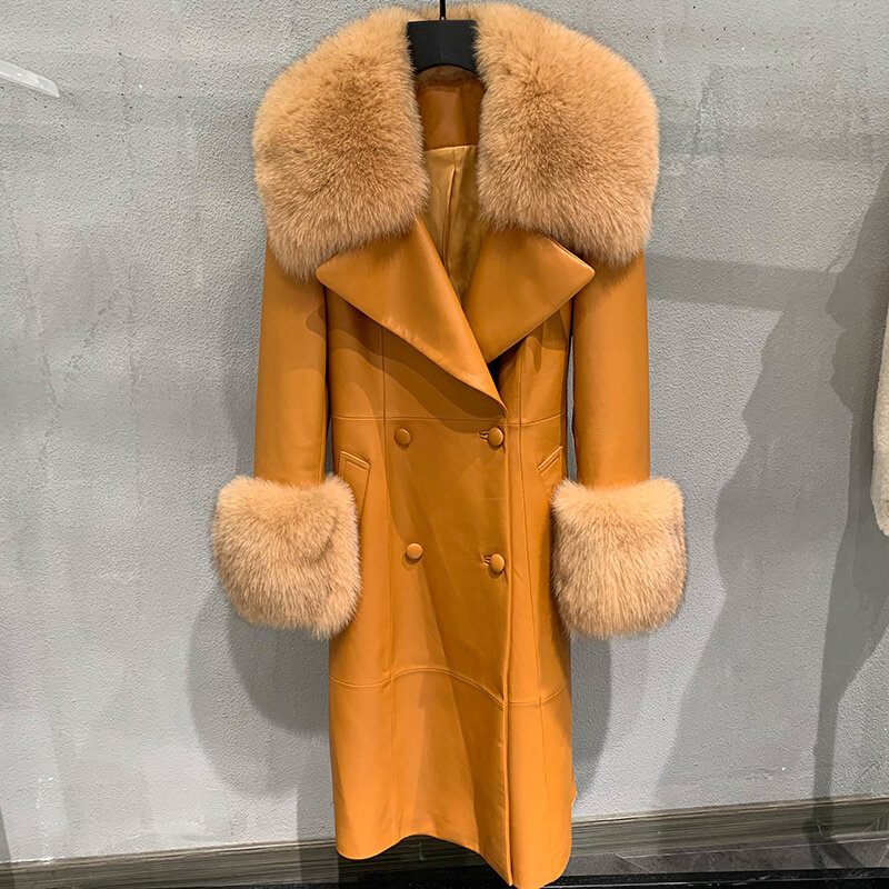 2023 nowy płaszcz z prawdziwej owczej skóry damski zimowy długi prochowce kołnierz z futra lisa mankiet luksusowy wiatroszczelny płaszcz z paskiem GT5078