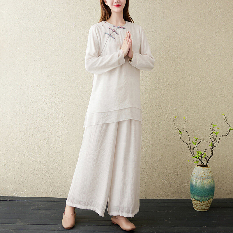 秋の女性のための伝統的な中国風の服,綿とリネンのツーピーススーツ,瞑想のための仏の衣装