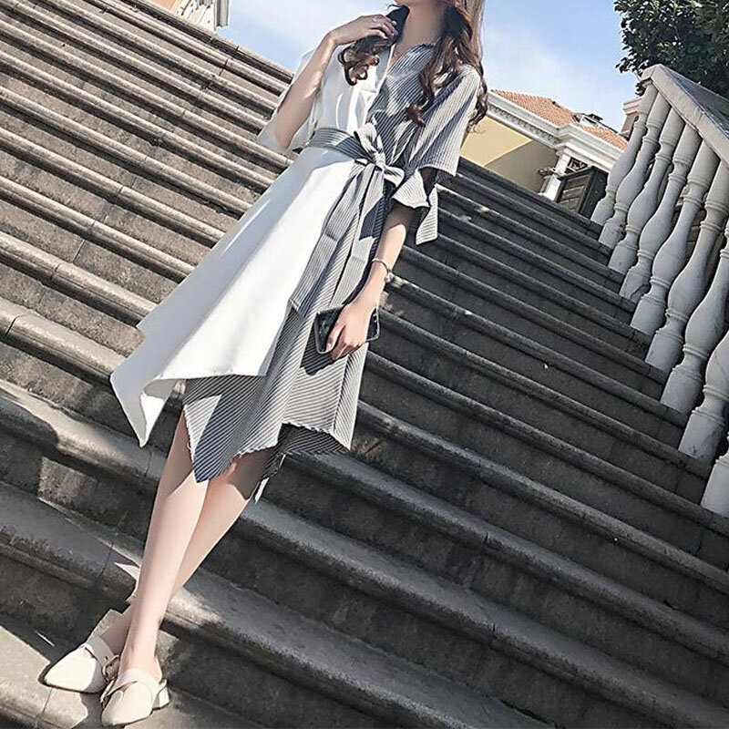 Женское асимметричное платье с V-образным вырезом, корейское повседневное шикарное Бандажное платье в полоску, женская одежда, лето 2023