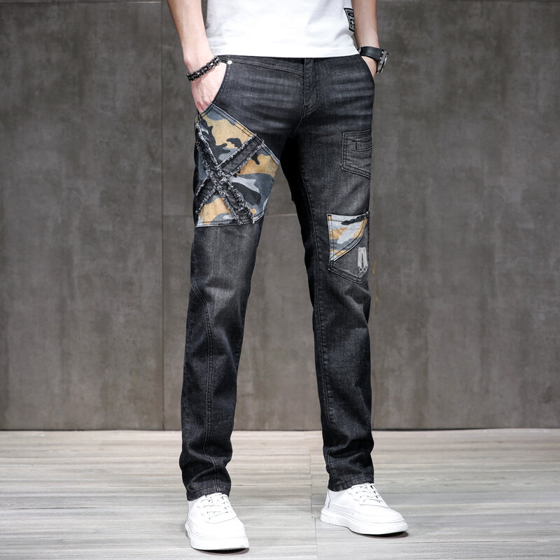 Jeans de costura camuflada masculino, estilo motocicleta, design de personalidade de rua, slim fit, skinny, stretch, novo, 2024