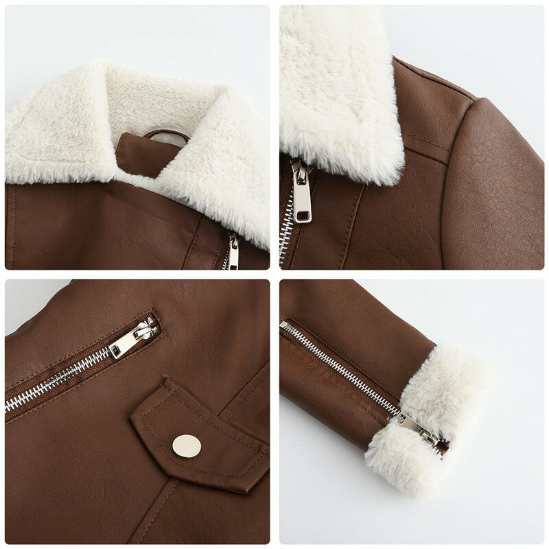 UHYTGF skórzana kurtka damska moda pluszowy klapy z zamkiem błyskawicznym płaszcz kobiety na co dzień ciepłe, jesienne kurtka zimowa ze skóry ekologicznej panie Outwear422