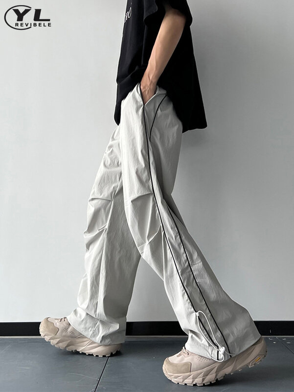 Letnie cienkie szybkoschnące spodnie męskie luźne główna ulica proste spodnie wzór w paski Jogging spodnie z szerokimi nogawkami Unisex