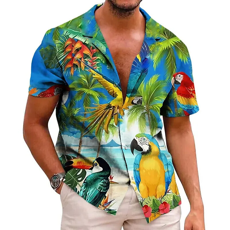 Bloemenpapegaai 3d Bedrukt Shirt Heren En Dames Modieus Shirt Met Korte Rij Knopen En Korte Mouwen Hawaiiaans Shirt Heren Kleding