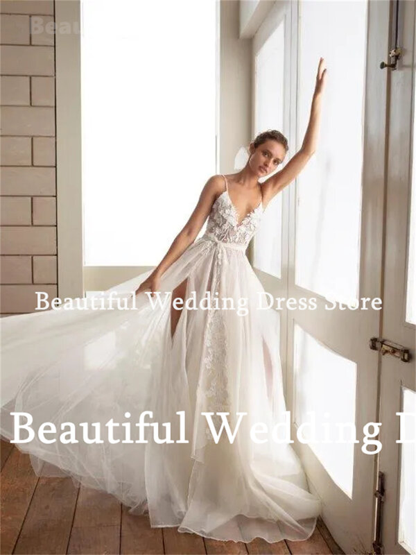 Vestidos de novia bohemios con tirantes finos para mujer, Apliques de encaje de flores, línea A, tul, abertura alta, playa, nuevo